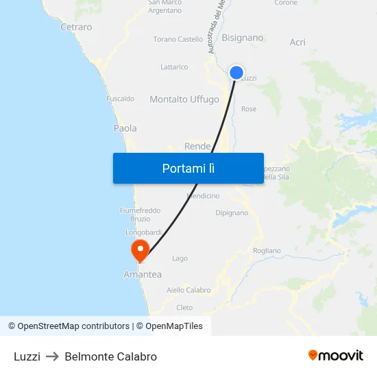 Luzzi to Belmonte Calabro map