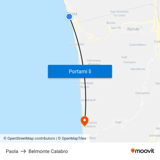 Paola to Belmonte Calabro map