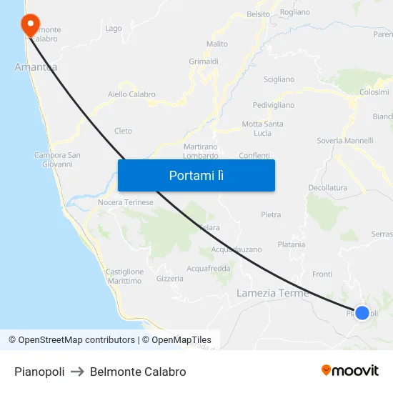 Pianopoli to Belmonte Calabro map