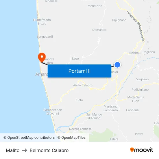 Malito to Belmonte Calabro map