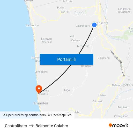 Castrolibero to Belmonte Calabro map