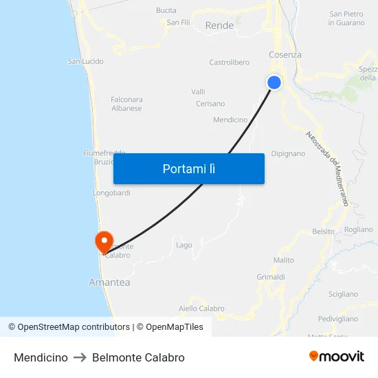 Mendicino to Belmonte Calabro map