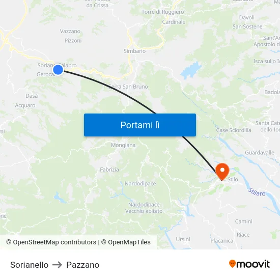 Sorianello to Pazzano map