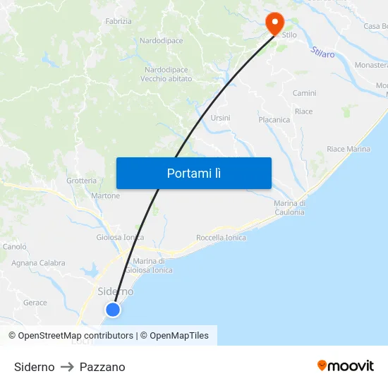 Siderno to Pazzano map