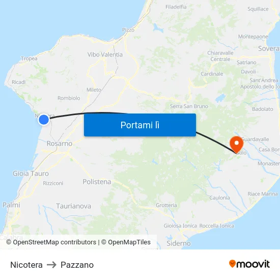 Nicotera to Pazzano map