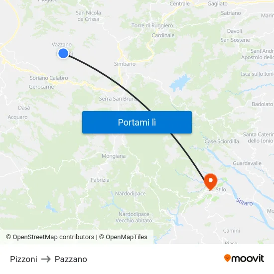 Pizzoni to Pazzano map