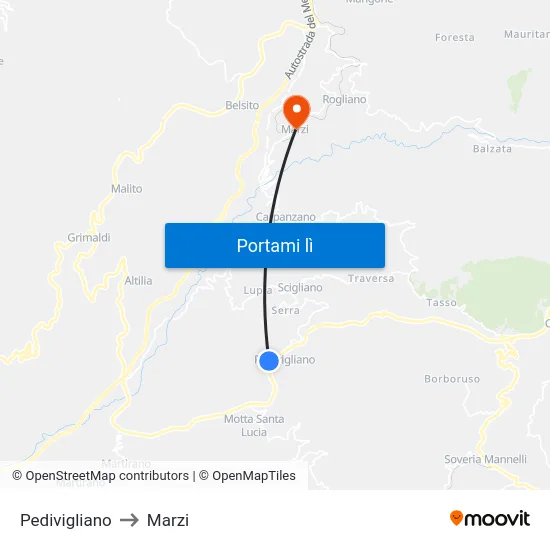 Pedivigliano to Marzi map