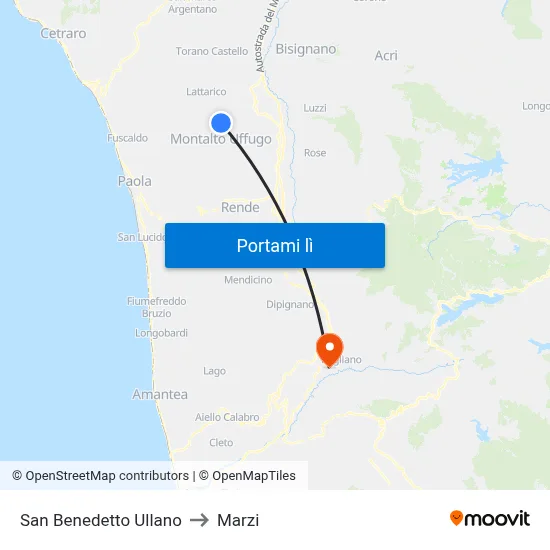 San Benedetto Ullano to Marzi map