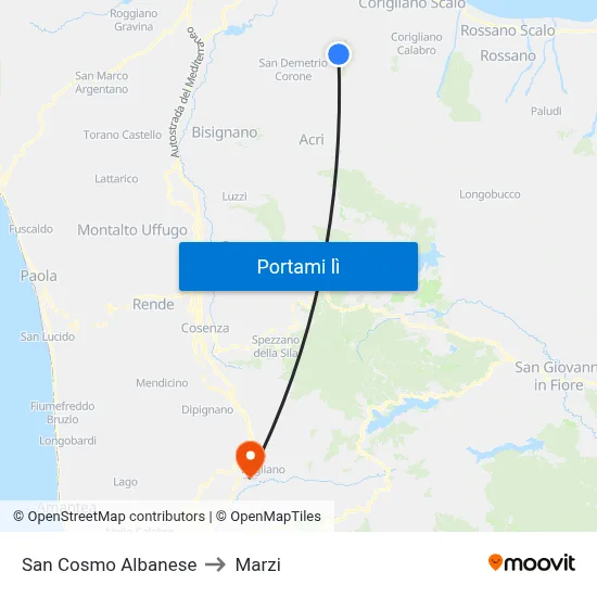 San Cosmo Albanese to Marzi map