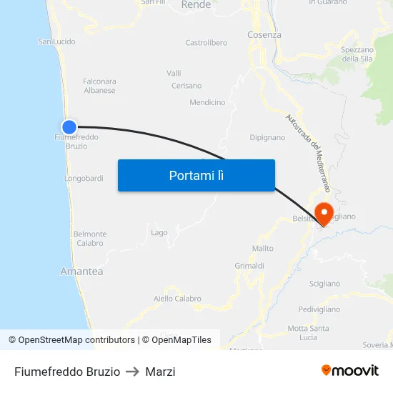 Fiumefreddo Bruzio to Marzi map