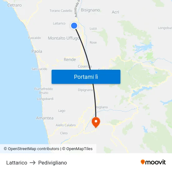 Lattarico to Pedivigliano map