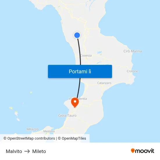 Malvito to Mileto map