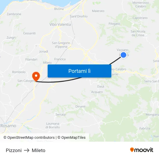 Pizzoni to Mileto map