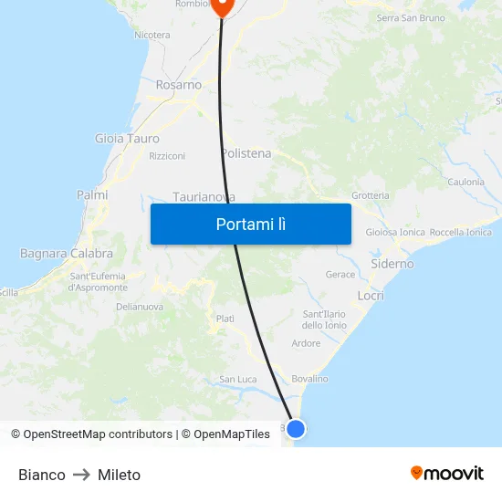 Bianco to Mileto map