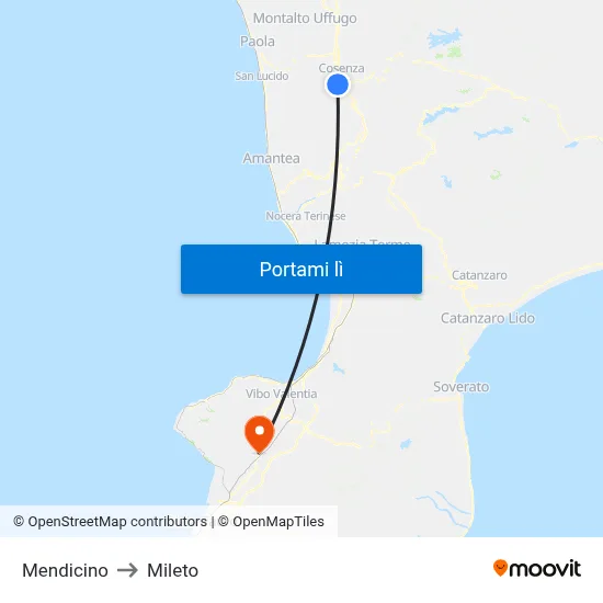 Mendicino to Mileto map