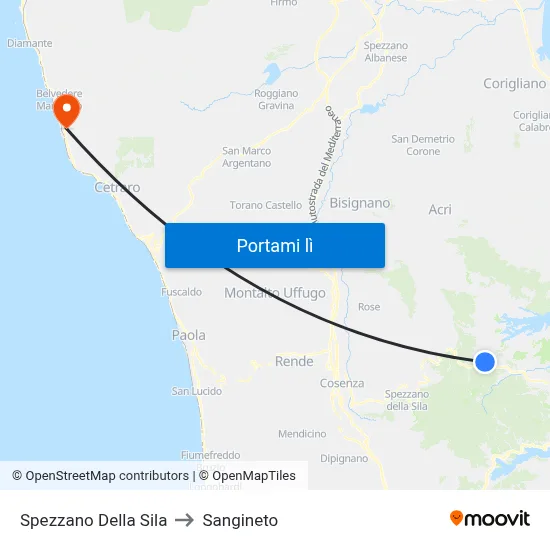 Spezzano Della Sila to Sangineto map