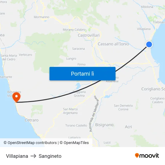 Villapiana to Sangineto map