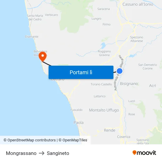 Mongrassano to Sangineto map