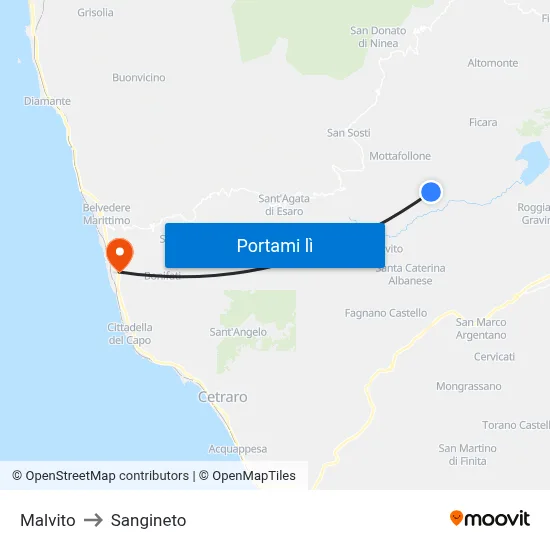 Malvito to Sangineto map