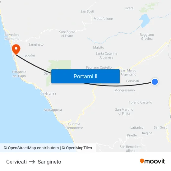 Cervicati to Sangineto map