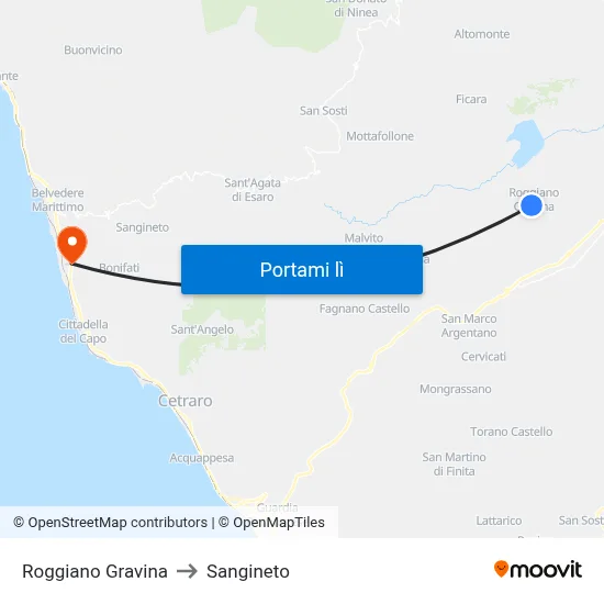 Roggiano Gravina to Sangineto map