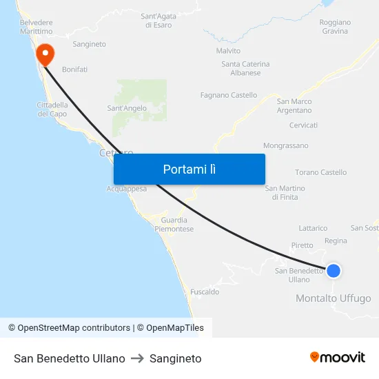 San Benedetto Ullano to Sangineto map