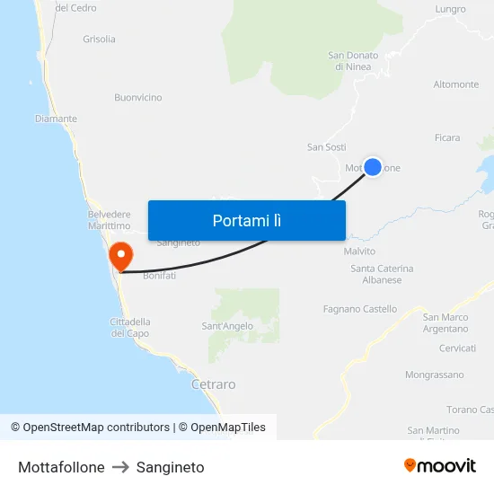 Mottafollone to Sangineto map