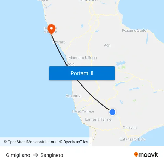Gimigliano to Sangineto map