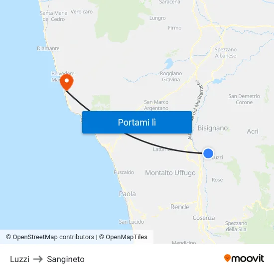 Luzzi to Sangineto map
