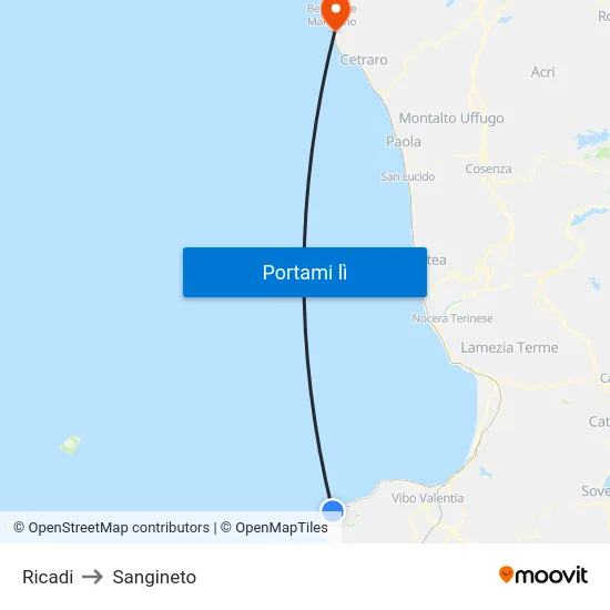 Ricadi to Sangineto map