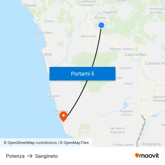 Potenza to Sangineto map
