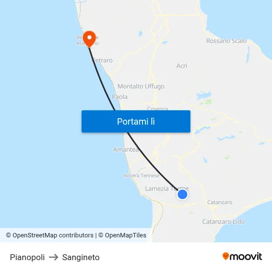 Pianopoli to Sangineto map