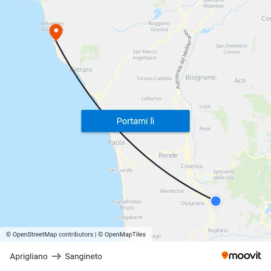 Aprigliano to Sangineto map