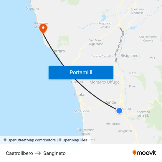 Castrolibero to Sangineto map