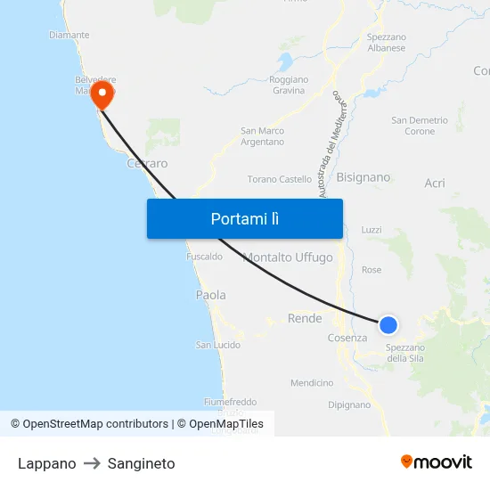 Lappano to Sangineto map