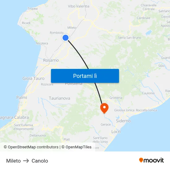 Mileto to Canolo map