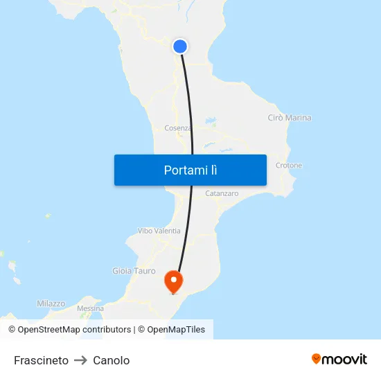 Frascineto to Canolo map