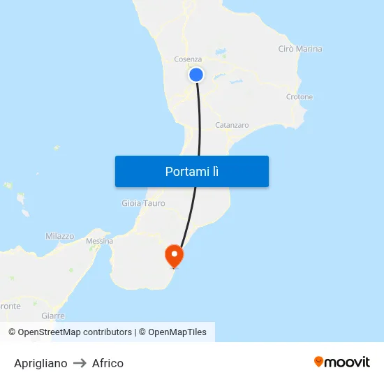 Aprigliano to Africo map