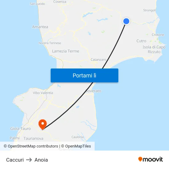Caccuri to Anoia map
