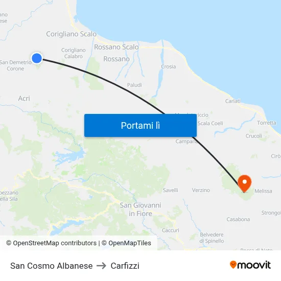 San Cosmo Albanese to Carfizzi map