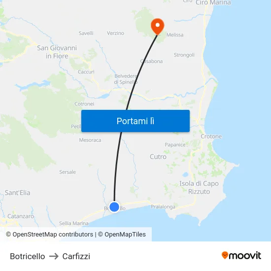Botricello to Carfizzi map