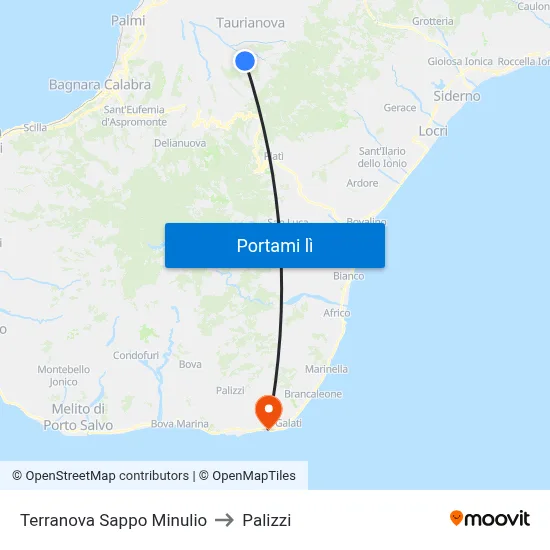Terranova Sappo Minulio to Palizzi map