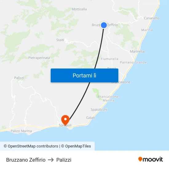 Bruzzano Zeffirio to Palizzi map