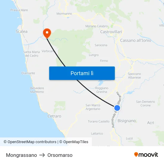 Mongrassano to Orsomarso map
