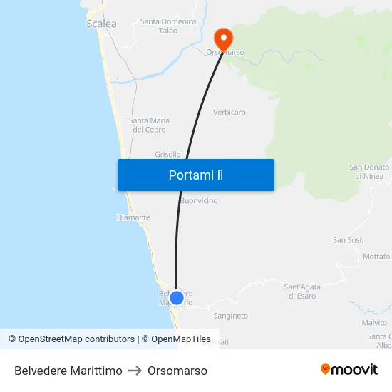 Belvedere Marittimo to Orsomarso map