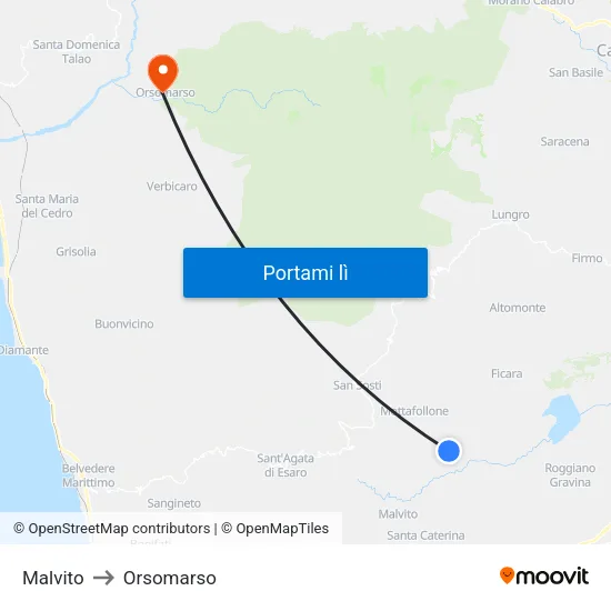 Malvito to Orsomarso map