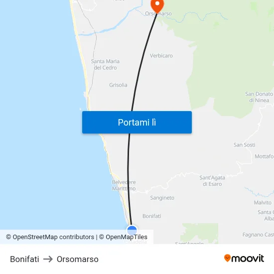 Bonifati to Orsomarso map
