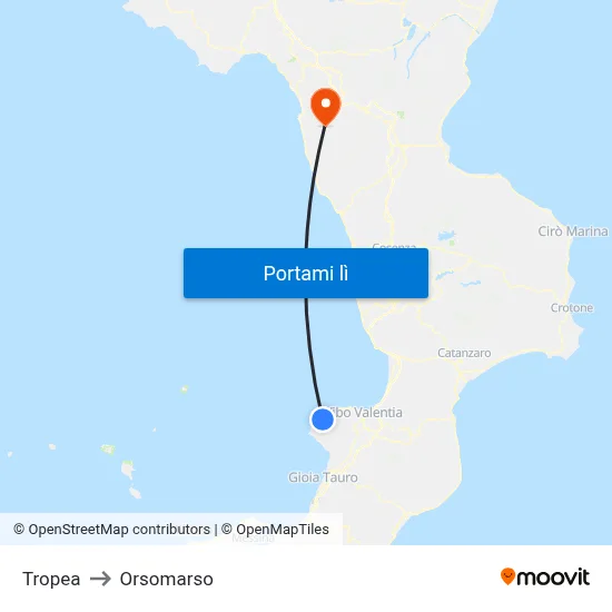 Tropea to Orsomarso map