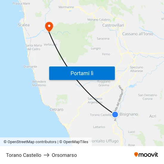 Torano Castello to Orsomarso map