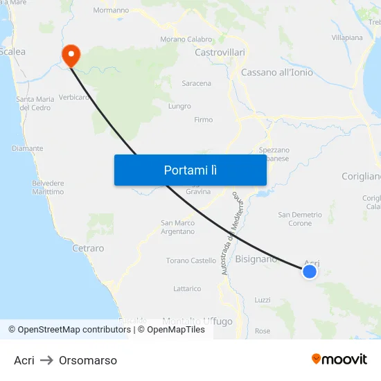 Acri to Orsomarso map